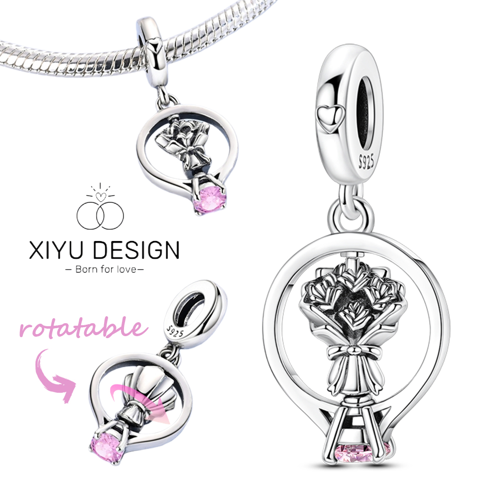 Women Accessories Bouquet - ชาร์มเงินแท้ 925 รูปช่อดอกไม้หมุนได้ สำหรับติดสร้อยข้อมือแบบดั้งเดิม เหมาะสำหรับผู้หญิง ใช้ทำเครื่องประดับ