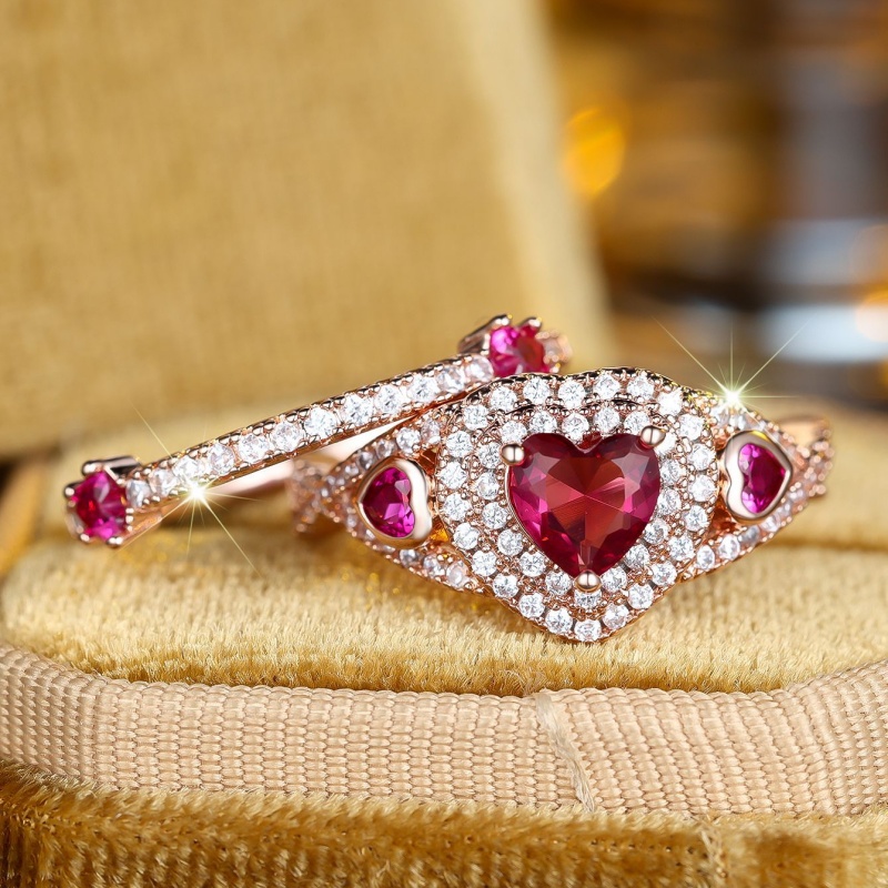 Women Accessories For Wedding - แหวนเซ็ตเพชรพลอยสีแดงและสีขาว ประดับทองชมพู สไตล์ยุโรปและอเมริกา ดีไซน์หรูหรา รุ่นใหม่ ปี